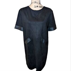 ZARA Sued Short Sleeve Dress Black Faux Leather Pockets Size Large